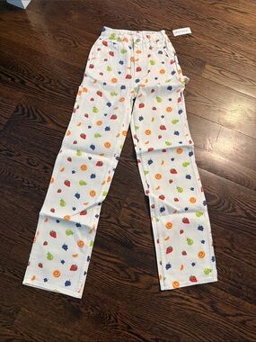 Kids White Fruit-Print  denim Bottoms with Multicolor Fruit